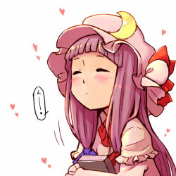 Rule 34 | 1girl, blunt bangs, blush, book, hugging book, closed eyes, crescent, daitai konna kanji, female focus, hat, holding, holding book, long hair, hugging object, patchouli knowledge, purple hair, solo, touhou, upper body