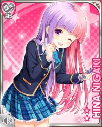 Rule 34 | 1girl, blue bow, blue jacket, blue skirt, bow, card, character name, closed eye, comb, girlfriend (kari), holding, jacket, long hair, multicolored hair, nervous, niigaki hina, official art, open mouth, pink background, pink hair, plaid, plaid skirt, purple eyes, purple hair, qp:flapper, scissors, shirt, skirt, smile, solo, tagme, white shirt