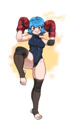Rule 34 | 1girl, arms up, bare shoulders, black leotard, blue hair, boxing gloves, breasts, brown background, brown thighhighs, commentary, covered collarbone, covered navel, difman, english commentary, full body, grin, hair between eyes, happy birthday, highres, leotard, looking at viewer, medium breasts, no shoes, original, red eyes, short eyebrows, smile, solo, standing, standing on one leg, stirrup legwear, thick eyebrows, thighhighs, toeless legwear, white background