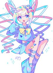 Rule 34 | 1girl, :d, blonde hair, blue bow, blue eyes, blue footwear, blue hair, blue serafuku, blue shirt, blue skirt, blush, bow, chouzetsusaikawa tenshi-chan, commentary request, full body, hair bow, hand up, heart, highres, invisible chair, long hair, long sleeves, looking at viewer, midriff peek, multicolored hair, needy girl overdose, open mouth, pink bow, pink hair, pleated skirt, purple bow, quad tails, school uniform, serafuku, shirt, shoes, simple background, sitting, skirt, sleeves past wrists, smile, solo, sushiuma m, white background, yellow bow