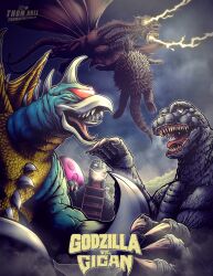 Rule 34 | alien, amusement park, anguirus, beak, biting, breath weapon, buzzsaw (tool), claws, cloud, cloudy sky, conjoined, cyborg, dinosaur, dragon, electricity, energy, energy beam, english text, extra tails, flying, full body, gigan, glowing, glowing eyes, glowing mouth, godzilla, godzilla (series), godzilla tower, godzilla vs. gigan, gravity beam, highres, horns, hydra, kaijuu, king ghidorah, mandibles, mane, mouth beam, multiple heads, night, no humans, one-eyed, open mouth, overcast, red eyes, roaring, sharp teeth, signature, sky, space monster, spikes, tail, teeth, thomas johnson, toho, tongue, tree, wings