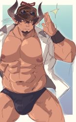 Rule 34 | 1boy, abs, absurdres, alternate costume, bara, barawa, bare pectorals, black male swimwear, blush, brown eyes, brown hair, bulge, commission, draph, facial hair, goatee, granblue fantasy, hand up, highres, horns, juggermelon, large pectorals, male focus, male swimwear, mature male, muscular, muscular male, navel, nipples, open clothes, open shirt, pectorals, pointy ears, shirt, short hair, solo, stomach, swim briefs, thick thighs, thighs, white shirt