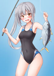 1girl anti_(untea9) black_one-piece_swimsuit blue_background blush breasts brown_eyes competition_swimsuit fishing_rod grey_hair hair_ribbon highres kantai_collection kasumi_(kancolle) long_hair one-piece_swimsuit open_mouth ribbon side_ponytail small_breasts swimsuit tuna