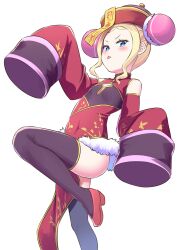Rule 34 | 1girl, alternate costume, alternate hairstyle, beatrice (re:zero), black thighhighs, blonde hair, blue eyes, china dress, chinese clothes, closed mouth, commentary request, detached sleeves, dress, from side, fur-trimmed dress, fur trim, hat, leg up, looking at viewer, ofuda, paper on head, pink pupils, qingdai guanmao, re:zero kara hajimeru isekai seikatsu, red dress, red footwear, red hat, red sleeves, s (hdru2332), solo, symbol-shaped pupils, talisman, thighhighs, tongue, tongue out, white background