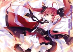 Rule 34 | 10s, 1girl, black necktie, black ribbon, breasts, cleavage, cowboy shot, date a live, female focus, floating hair, horns, itsuka kotori, legs apart, long hair, necktie, novel illustration, official art, red eyes, red hair, ribbon, sash, small breasts, solo, tsunako, twintails, very long hair
