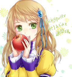 Rule 34 | 1girl, apple, blue ribbon, ccapsule, closed mouth, dress, eiyuden chronicle: hundred heroes, floral background, food, fruit, green eyes, hair ornament, hair ribbon, japanese text, long hair, looking at viewer, perrielle grum, red apple, ribbon, simple background, smile, solo, translation request, white background, yellow dress