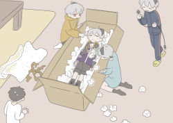 Rule 34 | 1boy, 4girls, absurdres, androgynous, android, aqua shirt, arm warmers, bandaged arm, bandages, black hair, blue jacket, blue pants, box, bubble wrap, cable, cardboard box, clone, closed eyes, commentary, duct tape, flower (vocaloid), flower (vocaloid4), grey hair, highres, holding, holding cable, hood, hoodie, jacket, lying, master (vocaloid), milanomarun, multicolored hair, multiple girls, on back, orange hoodie, pants, pointing, purple shirt, red eyes, shirt, short hair, shorts, single arm warmer, sleeveless, sleeveless jacket, sleeveless shirt, streaked hair, styrofoam, sweat, table, tossing, track jacket, track pants, vocaloid