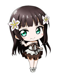 Rule 34 | 1girl, bare arms, bare shoulders, black hair, boots, bow, brown bow, brown skirt, chibi, closed mouth, collarbone, flower, full body, green eyes, hair flower, hair ornament, kuena, kurosawa dia, long hair, love live!, love live! school idol festival, love live! sunshine!!, mole, mole under mouth, pleated skirt, shirt, simple background, skirt, smile, solo, standing, strapless, striped, striped bow, very long hair, white background, white flower, white footwear, white shirt
