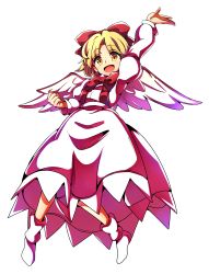 Rule 34 | 1girl, absurdres, baba (baba seimaijo), blonde hair, bow, dress, full body, gengetsu (touhou), hair bow, highres, open mouth, red bow, ribbon, short hair, solo, touhou, touhou (pc-98), transparent background, wings, yellow eyes