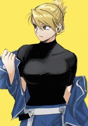Rule 34 | 1girl, absurdres, amestris military uniform, black shirt, blonde hair, breasts, brown eyes, closed mouth, commentary request, earrings, expressionless, folded ponytail, fullmetal alchemist, highres, jewelry, looking to the side, military, military uniform, ozaki (tsukiko3), riza hawkeye, shirt, uniform