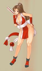 Rule 34 | 1girl, breasts, brown hair, cleavage, female focus, full body, gradient background, hand fan, japanese clothes, ponytail, shiranui mai, snk, solo, the king of fighters, yokaze japan