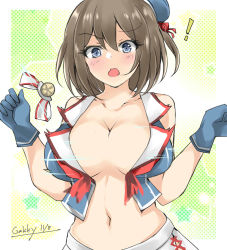 Rule 34 | 1girl, beret, blue gloves, blue hat, blue shirt, breasts, brown hair, bursting breasts, cleavage, gakky, gloves, hair ornament, hairclip, hat, headgear, kantai collection, large breasts, maya (kancolle), maya kai ni (kancolle), one-hour drawing challenge, open clothes, open shirt, pleated skirt, shirt, short hair, skirt, solo, upper body, white skirt, x hair ornament