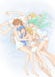 Rule 34 | 2boys, 3girls, aqua hair, barefoot, blonde hair, bloomers, blue hair, blue scarf, body pile, breast press, breasts, brown hair, camisole, chemise, closed eyes, everyone, feet, from above, girl on top, hatsune miku, kagamine len, kagamine rin, kaito (vocaloid), leg between thighs, long hair, lying, male harem, meiko (vocaloid), multiple boys, multiple girls, naked scarf, nude, on back, on side, scarf, short hair, short shorts, shorts, sleeping, strapless, tayuta sango, twintails, underwear, vocaloid