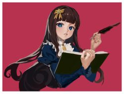Rule 34 | 1girl, bad id, bad pixiv id, black hair, blue eyes, book, dress, feathers, hair ornament, kurosu aroma, long hair, long sleeves, looking at viewer, pretty series, pripara, quill, red background, rr (suisse200), smile, solo