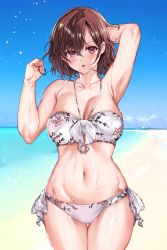 Rule 34 | 1girl, :o, arm behind head, arm up, armpits, beach, bikini, blue sky, blush, breasts, brown hair, cleavage, clenched hand, cloud, collarbone, commentary request, cowboy shot, day, eno yukimi, floral print, front-tie bikini top, front-tie top, groin, hair between eyes, halterneck, hand in own hair, hand up, highres, higuchi madoka, horizon, idolmaster, idolmaster shiny colors, large breasts, legs together, light particles, looking at viewer, mole, mole under eye, navel, ocean, outdoors, parted bangs, pink eyes, print bikini, shiny skin, short hair, side-tie bikini bottom, sky, solo, standing, stomach, swimsuit, thigh gap, wet, white bikini