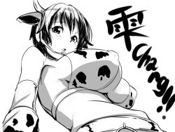 Rule 34 | 10s, 1girl, animal ears, animal print, bad id, bad twitter id, breasts, clearite, covered erect nipples, cow ears, cow girl, cow horns, cow print, from below, greyscale, headset, horns, idolmaster, idolmaster cinderella girls, large breasts, looking at viewer, looking down, monochrome, oikawa shizuku, short hair, solo, white background