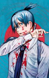 Rule 34 | 1boy, black hair, blood, blue eyes, chainsaw man, cleaned, collared shirt, cover, cover page, earrings, fujimoto tatsuki, hair tied, hair tied back, hair tied up, hayakawa aki, highres, jewelry, looking at viewer, manga cover, medium hair, necktie, official art, open mouth, piercing, sheathed short, shirt, solo, sword, target, volume cover, weapon, white shirt, wiping face