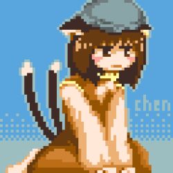 Rule 34 | 1girl, animal ears, blue background, blush stickers, brown eyes, brown hair, cat ears, cat tail, character name, chen, dress, hat, james at pi (fuwafuwacatgirl), limited palette, long sleeves, mob cap, multiple tails, nekomata, open mouth, shirt, simple background, solo, tail, touhou, two tails, white shirt