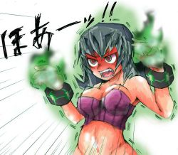 Rule 34 | 1girl, angry, aura, breasts, bursting breasts, crazy eyes, creatures (company), female focus, game freak, gradient background, groin, gym leader, large breasts, nintendo, open mouth, pokemon, red eyes, sabrina (pokemon), solo, tank top, teeth, tongue, wrist cuffs