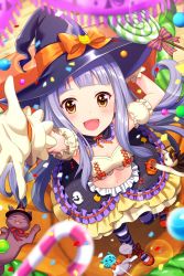 Rule 34 | 1girl, absurdres, alternative girls, breasts, candy, candy cane, cat, cleavage, food, gloves, hat, highres, hiiragi tsumugi, long hair, looking at viewer, official art, open mouth, orange footwear, purple hair, smile, solo, striped clothes, striped legwear, striped thighhighs, thighhighs, white cat, witch hat, yellow eyes