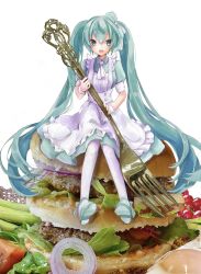 Rule 34 | 1girl, apron, aqua dress, aqua eyes, aqua hair, burger, commentary, dress, food, fork, frilled apron, frilled ribbon, frills, full body, hair ribbon, hatsune miku, highres, holding, holding fork, lettuce, long hair, looking at viewer, mini person, minigirl, onion, open mouth, ornate, photo-referenced, red onion, ribbon, s misaki, short sleeves, simple background, sitting, smile, solo, twintails, very long hair, vocaloid, white apron, white background, white legwear