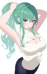 Rule 34 | 1girl, absurdres, arched back, argule0901, armpits, arms behind head, arms up, ass, blue pants, blush, bra strap, breasts, cleavage, denim, green hair, hair between eyes, hair tie, hair tie in mouth, highres, holding, holding hair, jeans, large breasts, long hair, looking at viewer, midriff, mole, mole on breast, mouth hold, official alternate costume, pants, ponytail, purple eyes, ribbed sweater, sidelocks, simple background, sleeveless, sleeveless turtleneck, smile, solo, sweater, turtleneck, turtleneck sweater, tying hair, very long hair, virtual youtuber, vspo!, white background, white sweater, yakumo beni, yakumo beni (3rd costume)