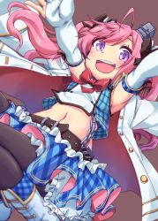 Rule 34 | 1girl, ahoge, azur lane, belt, chain, commentary request, detached sleeves, hair ornament, hair ribbon, jacket, looking at viewer, midriff, military jacket, navel, open mouth, outstretched arms, pink hair, purple eyes, remodel (azur lane), ribbon, saratoga (azur lane), shirt, sleeveless, sleeveless shirt, solo, thighhighs, todome, twintails
