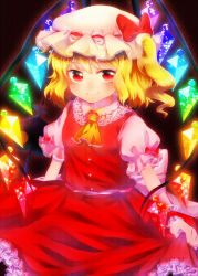 Rule 34 | 1girl, ascot, aura, bad id, bad pixiv id, black background, blonde hair, flandre scarlet, hat, hat ribbon, highres, laevatein, looking at viewer, mob cap, onyuuuu, puffy short sleeves, puffy sleeves, red eyes, ribbon, short hair, short sleeves, side ponytail, skirt, skirt hold, skirt set, slit pupils, smile, solo, touhou, wings, wrist cuffs