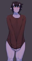 Rule 34 | 1girl, artist name, black hair, blush, brown sweater, clothes tug, collarbone, colored skin, commentary, cowboy shot, frown, grey background, highres, horns, ittla, long sleeves, looking at viewer, oni, orange eyes, original, pointy ears, purple skin, short hair, simple background, skin-covered horns, sleeves past wrists, slit pupils, solo, sweater, sweater tug, symbol-only commentary, thick eyebrows, ume (ittla)