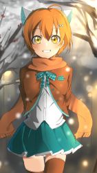 Rule 34 | 1girl, animal ears, animal print, aqua bow, artist name, artist request, bow, bowtie, branch, breasts, brown jacket, brown legwear, cat print, close-up, cloud, female focus, green eyes, green skirt, grey sky, hair between eyes, highres, hoshizora rin, jacket, looking at viewer, love live!, love live! school idol project, miniskirt, orange hair, orange scarf, outdoors, parted lips, plaid, plaid skirt, pleated, pleated skirt, scarf, shirt, short hair, skirt, sky, smile, solo, tree, white shirt, yellow eyes
