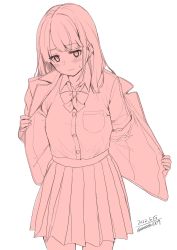 Rule 34 | 1girl, blush, bow, bowtie, closed mouth, collared shirt, dress shirt, highres, jacket, long hair, long sleeves, looking down, monochrome, original, pleated skirt, removing jacket, school uniform, shirt, signature, simple background, skirt, solo, standing, sweatdrop, unasaka ryou, white background