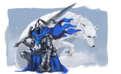 Rule 34 | 1boy, animal, arm at side, armor, artorias the abysswalker, black sclera, blue background, blue cape, border, breastplate, cape, capelet, chinese commentary, colored sclera, dark souls (series), dark souls i, faceless, faceless male, facing viewer, faulds, full armor, full body, gauntlets, great grey wolf sif, greatsword, greaves, helmet, holding, holding sword, holding weapon, hood, hood up, knight, on one knee, over shoulder, pauldrons, plume, shoulder armor, sword, waist cape, weapon, white border, wolf, xuetu13, yellow eyes