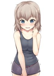 Rule 34 | 1girl, black shirt, black shorts, blush, breasts, commentary, constricted pupils, covered navel, cowboy shot, embarrassed, frown, girls und panzer, highres, itsumi erika, kasai shin, long hair, looking at viewer, medium breasts, parted lips, shirt, short shorts, shorts, simple background, solo, standing, sweatdrop, tank top, trembling, white background