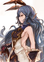 Rule 34 | 10s, 1girl, absurdres, animal ears, backless dress, backless outfit, bad id, bad twitter id, bare shoulders, belt, blue hair, breasts, clothing cutout, cowboy shot, dress, earrings, erune, female focus, ferry (granblue fantasy), gloves, granblue fantasy, hair between eyes, high collar, highres, holding, holding sword, holding weapon, jewelry, long hair, looking away, orange eyes, profile, side cutout, sideboob, sidelocks, sleeveless, small breasts, solo, sword, very long hair, wavy hair, weapon, white background, yatsuka (846)