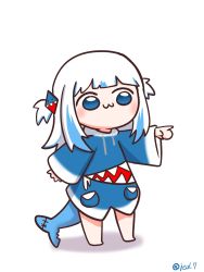 Rule 34 | 1girl, :3, animal costume, artist name, barefoot, blue eyes, blue hair, blue hoodie, blunt bangs, chibi, commentary, drawstring, eiul, english commentary, fins, fish tail, gawr gura, gawr gura (1st costume), hair ornament, highres, hololive, hololive english, hood, hood down, hoodie, long sleeves, looking to the side, medium hair, multicolored hair, outstretched arm, outstretched hand, pointing, pointing to the side, shark costume, shark hair ornament, shark tail, sleeves past wrists, solo, streaked hair, tail, twitter username, two side up, virtual youtuber, white background, white hair, wide sleeves