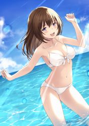 Rule 34 | 1girl, :d, bikini, blue sky, blush, breasts, brown hair, caustics, chokuro, cloud, collarbone, contrapposto, day, dripping, dutch angle, front-tie bikini top, front-tie top, groin, hair between eyes, hands up, highres, horizon, long hair, looking at viewer, medium breasts, navel, ocean, open mouth, original, outdoors, outstretched arm, purple eyes, sky, smile, solo, standing, sunlight, swimsuit, wading, water, water drop, wet, white bikini