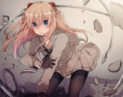 1girl all_fours bad_id bad_pixiv_id black_gloves black_pantyhose blonde_hair blue_eyes blush female_focus gloves hair_between_eyes ikeuchi_tanuma long_hair looking_at_viewer neckerchief neon_genesis_evangelion pantyhose parted_lips pleated_skirt school_uniform serafuku skirt solo souryuu_asuka_langley