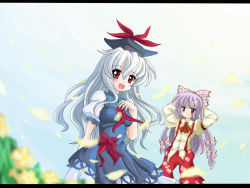 Rule 34 | 2girls, arms behind head, blurry, bow, depth of field, dress, dress shirt, dutch angle, female focus, flower, fujiwara no mokou, hair bow, hair ribbon, hand on another&#039;s chest, hand on own chest, hat, kamishirasawa keine, letterboxed, long hair, multiple girls, multiple hair bows, north abyssor, open mouth, pants, petals, purple hair, red eyes, ribbon, shirt, silver hair, smile, suspenders, touhou, wallpaper