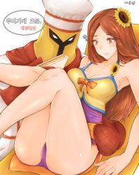 Rule 34 | 1boy, 1girl, breasts, highres, korean text, league of legends, leona (league of legends), pantheon (league of legends), pool party leona, riot games, swimsuit