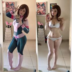 Rule 34 | 1girl, ass, bare shoulders, bodysuit, boku no hero academia, breasts, brown hair, cleavage, cosplay, feet, female focus, long hair, maria fernanda galv&atilde;o, medium breasts, navel, photo (medium), real life, solo, standing, stomach, thighs, undressing, uraraka ochako, uraraka ochako (cosplay)