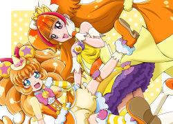 Rule 34 | 2girls, :d, amanogawa kirara, animal ears, bear ears, bloomers, blue eyes, blush, boo (takagi), boots, bow, brooch, brown hair, color connection, cure mofurun, cure twinkle, earrings, gloves, go! princess precure, hair bow, hand on own cheek, hand on own face, hat, hat bow, highres, jewelry, kneehighs, long hair, looking at viewer, low-tied long hair, magical girl, mahou girls precure!, mini hat, mini witch hat, mofurun (mahou girls precure!), multicolored eyes, multicolored hair, multiple girls, open mouth, orange shirt, personification, petticoat, pink bow, polka dot, polka dot background, precure, purple eyes, quad tails, red bow, red hair, shirt, single kneehigh, single sock, skirt, sleeveless, sleeveless shirt, smile, socks, star (symbol), star earrings, star in eye, streaked hair, striped clothes, striped legwear, striped socks, symbol in eye, thigh boots, thighhighs, twintails, two-tone hair, underwear, white footwear, white gloves, witch hat, yellow background, yellow bloomers, yellow bow, yellow eyes, yellow hat