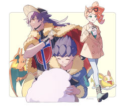 Rule 34 | 1girl, 2boys, :q, baseball cap, blue jacket, boots, border, brown coat, buttons, cape, champion uniform, charizard, closed mouth, coat, commentary request, creatures (company), cup, dark-skinned male, dark skin, dynamax band, eyewear on head, facial hair, fur-trimmed cape, fur-trimmed jacket, fur trim, game freak, gen 1 pokemon, gen 8 pokemon, gloves, green eyes, green footwear, green nails, green shirt, hair ornament, hand up, hat, heart, heart hair ornament, high heel boots, high heels, holding, holding cup, holding pokemon, hop (pokemon), jacket, leon (pokemon), long hair, multiple boys, nail polish, nintendo, orange hair, pankona (ubsssss), pants, partially fingerless gloves, pokemon, pokemon (creature), pokemon swsh, purple hair, red cape, shirt, short hair, side ponytail, smile, sonia (pokemon), standing, sunglasses, tongue, tongue out, white border, wooloo, yamper, yellow eyes