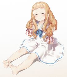 Rule 34 | 1girl, ^ ^, barefoot, blue bow, blue sailor collar, blush, bow, braid, brown hair, closed eyes, closed mouth, dress, facing viewer, forehead, full body, grey background, hair bow, hands up, highres, holding, holding own hair, ichihara nina, idolmaster, idolmaster cinderella girls, long hair, puffy short sleeves, puffy sleeves, sailor collar, sailor dress, short eyebrows, short sleeves, sitting, soles, solo, striped, striped bow, thick eyebrows, twin braids, very long hair, white background, white dress, yukie (kusaka shi)