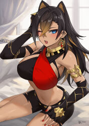 Rule 34 | 1girl, armlet, bare shoulders, black gloves, black hair, black shorts, blue eyes, breasts, chinese commentary, commentary, dehya (genshin impact), earrings, fingerless gloves, genshin impact, gloves, hair intakes, highres, jewelry, large breasts, linreplica, long hair, looking at viewer, midriff, nail polish, navel, neck ring, one eye closed, open mouth, pointy hair, red nails, short shorts, shorts, sitting, solo, stomach, thighs, very long hair