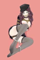 Rule 34 | 1girl, black panties, black thighhighs, bound, breasts, breasts out, brown hair, choker, cuffs, dorothea arnault, earrings, fire emblem, fire emblem: three houses, gag, gagged, green eyes, handcuffs, hat, highres, improvised gag, jewelry, large breasts, long hair, nintendo, panties, rope, solo, tape, tape gag, thighhighs, tied up, underwear