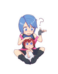 Rule 34 | ?, age regression, aged down, aqua (kingdom hearts), armatic, black gloves, black socks, blue eyes, blue hair, blush, child, dress, fingerless gloves, full body, gloves, hand on another&#039;s head, kairi (kingdom hearts), kingdom hearts, kingdom hearts birth by sleep, oversized clothes, parted lips, pink hair, short hair, simple background, single glove, sitting, smile, socks, sweatdrop, white background, white dress
