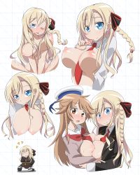 Rule 34 | 2girls, blonde hair, blue eyes, blush, braid, breasts, breasts out, brown eyes, brown hair, captain zares, condom, condom wrapper, hair ornament, hair ribbon, high school fleet, highres, large breasts, looking at viewer, multiple girls, nipples, no bra, nosa kouko, nude, open clothes, open mouth, open shirt, ribbon, simple background, smile, sweat, topless, translation request, white background, wilhelmina braunschweig ingenohl friedeburg