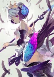 Rule 34 | 1girl, armor, armored dress, bare shoulders, chkuyomi, crown, dress, feathers, gwendolyn (odin sphere), multicolored wings, odin sphere, polearm, short hair, spear, strapless, strapless dress, thighhighs, weapon, white hair, wings