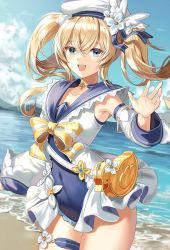 Rule 34 | 1girl, barbara (genshin impact), barbara (summertime sparkle) (genshin impact), beach, blonde hair, blue eyes, blue sky, detached sleeves, drill hair, genshin impact, hair between eyes, ocean, official alternate costume, open mouth, outdoors, sand, silence girl, sky, solo, twin drills, twintails, water, white headwear, white sleeves