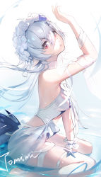 Rule 34 | 1girl, arknights, arm up, armpits, bandaged arm, bandages, bare shoulders, between legs, breasts, casual one-piece swimsuit, character name, closed mouth, crocodilian tail, day, flower, from side, hair between eyes, hair flower, hair ornament, hand between legs, highres, long hair, looking at viewer, looking to the side, medium breasts, official alternate costume, one-piece swimsuit, outdoors, pointy ears, purple flower, red eyes, shallow water, silver hair, sitting, solo, star (symbol), sunlight, swimsuit, tail, thigh strap, tomimi (arknights), tomimi (silent night) (arknights), uza, wariza, water, white flower, white one-piece swimsuit, wrist cuffs, x hair ornament